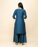 FIORRA Women's Teal Blue Silk Blend Straight Kurta Palazzo Set With Dupatta | Grocsy