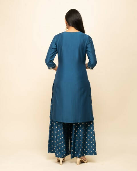 FIORRA Women's Teal Blue Silk Blend Straight Kurta Palazzo Set With Dupatta | Grocsy