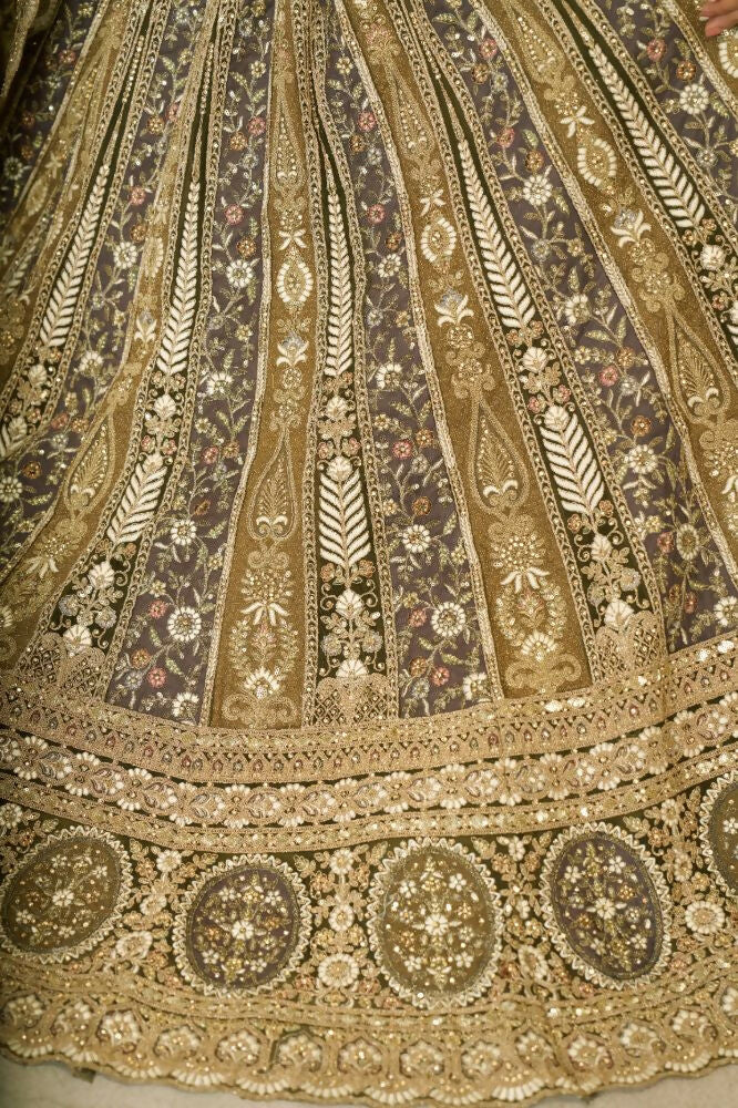 Kesar Fab Mehendi Net Hand_Woven Lehenga | Grocsy