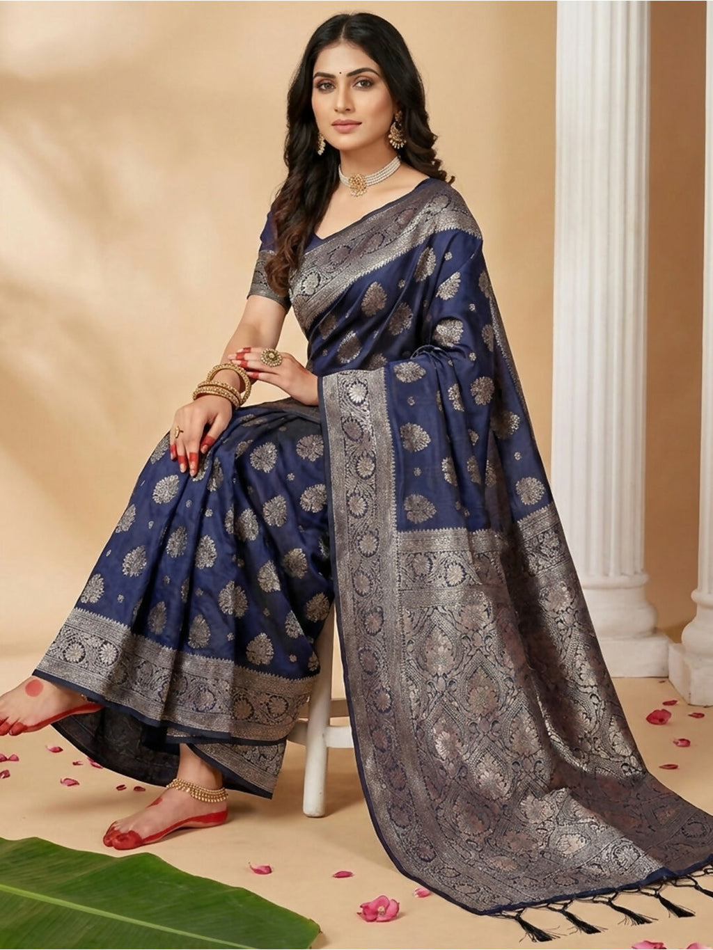 Shree Shyam Fashion Navy Blue Silk Blend Saree | Grocsy