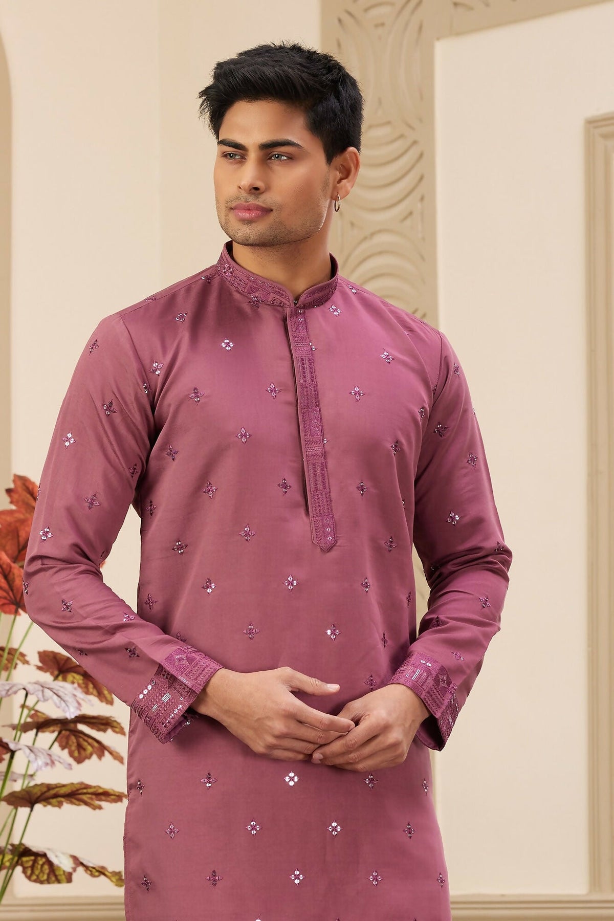 Raivat Ethnic Men's Art Silk Thread Work Kurta Pyjama In Mauve Colour | Grocsy