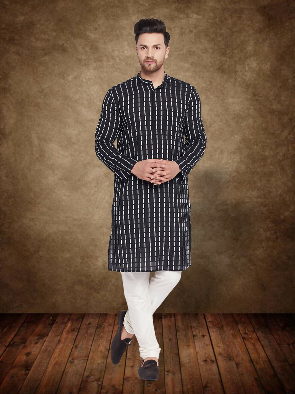 Even Apparels Men's Pure Cotton Black Check Kurta | Grocsy