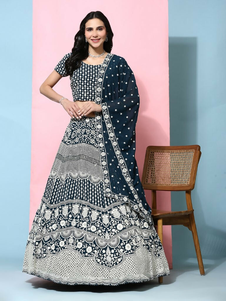 Blue Georgette Thread Embroidered Lehenga Choli with Dupatta - Tanya | Grocsy