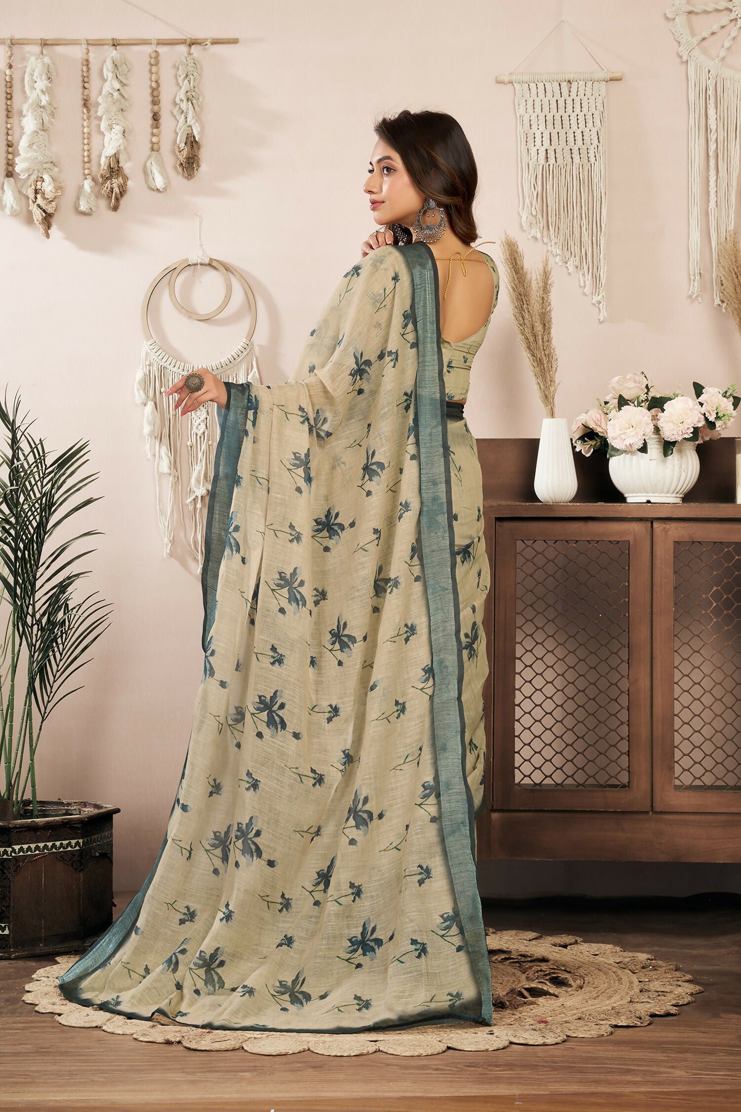 Joban Fashion Beige Floral Linen Ready To Wear Saree With Unstitched Blouse | Grocsy