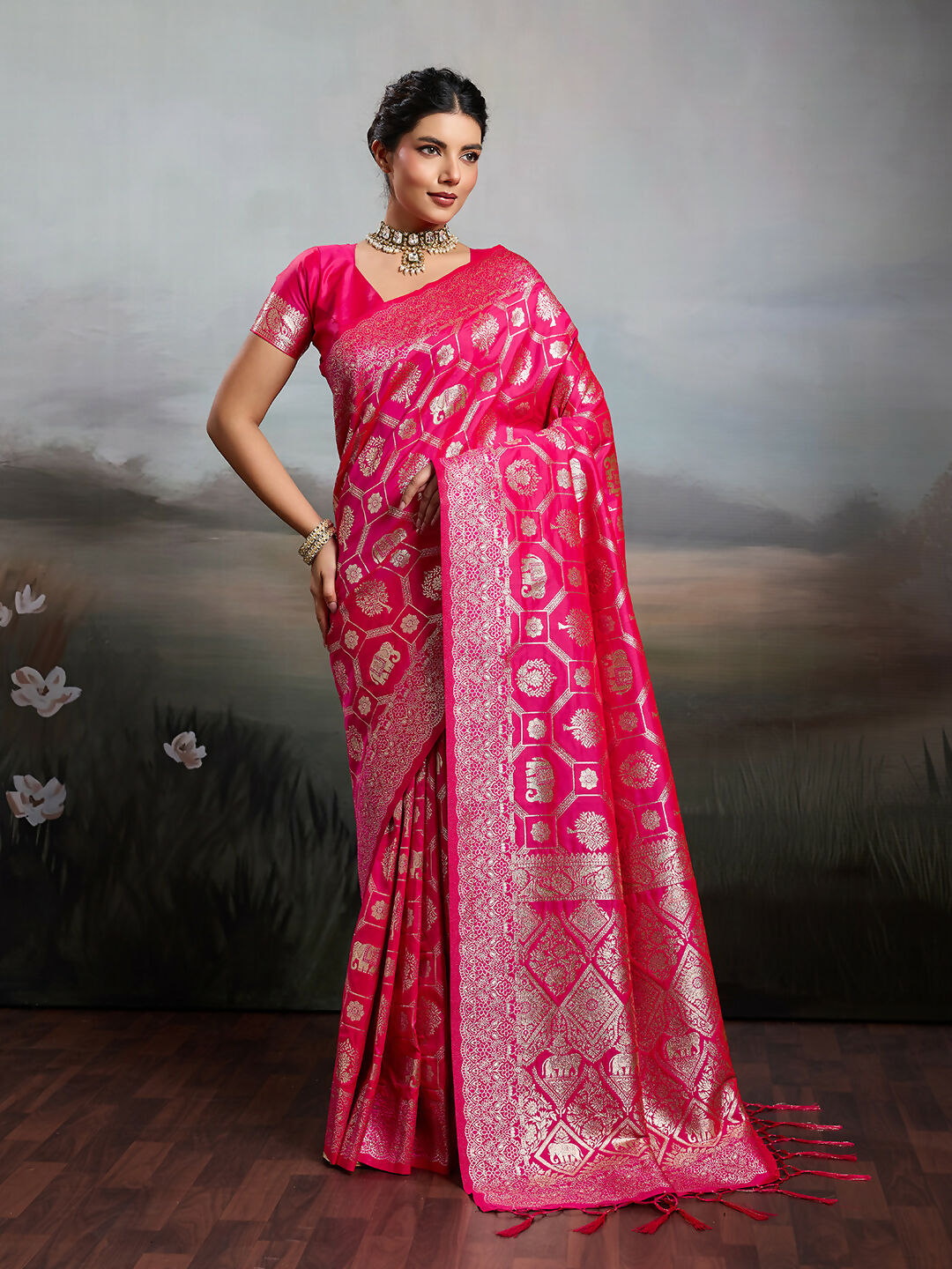 Shree Shyam Fashion Rani Pink Silk Blend Saree | Grocsy