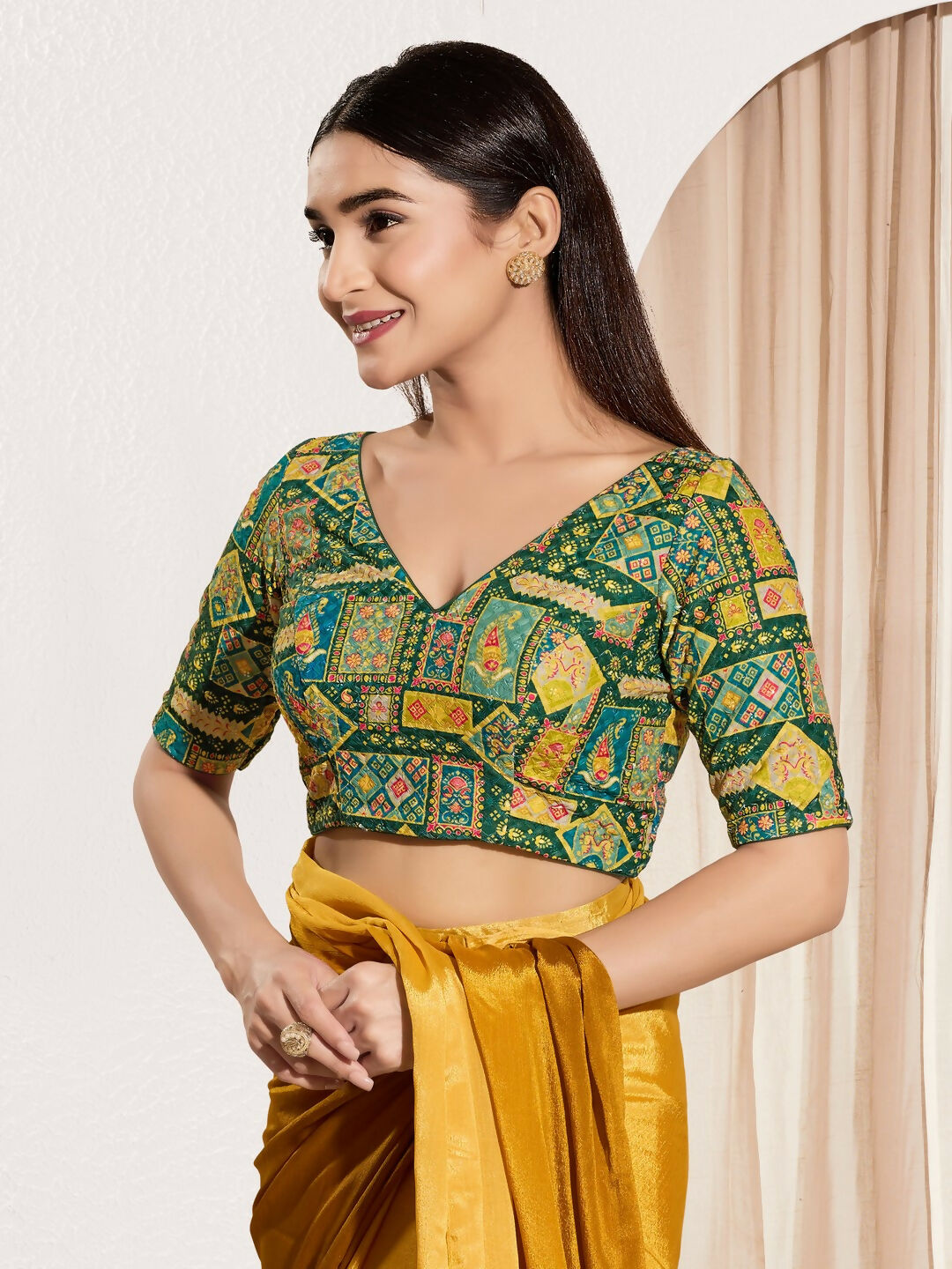 Joban Fashion Bottle Green Viscose Rayon Padded Blouse With V Neck Elbow Sleeves | Grocsy