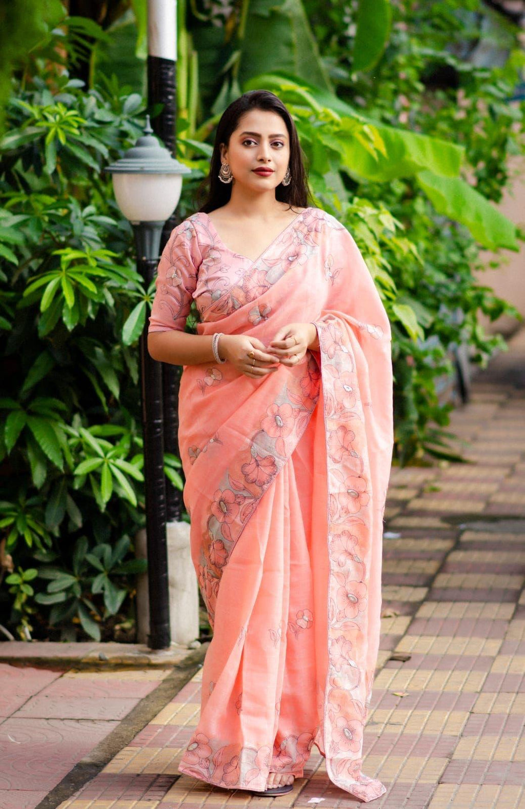 Pink Pure Linen Ethnic Motifs Saree with Unstitched Blouse - Hiral Fashion | Grocsy