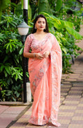 Pink Pure Linen Ethnic Motifs Saree with Unstitched Blouse - A2M | Grocsy