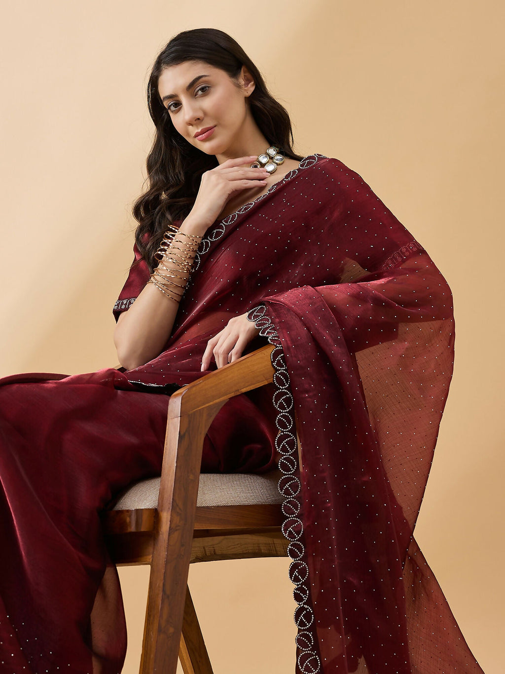 Brown Organza Swaroski Diamond Work Saree with Unstitched Blouse - Radha | Grocsy