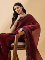 Brown Organza Swaroski Diamond Work Saree with Unstitched Blouse - Radha | Grocsy
