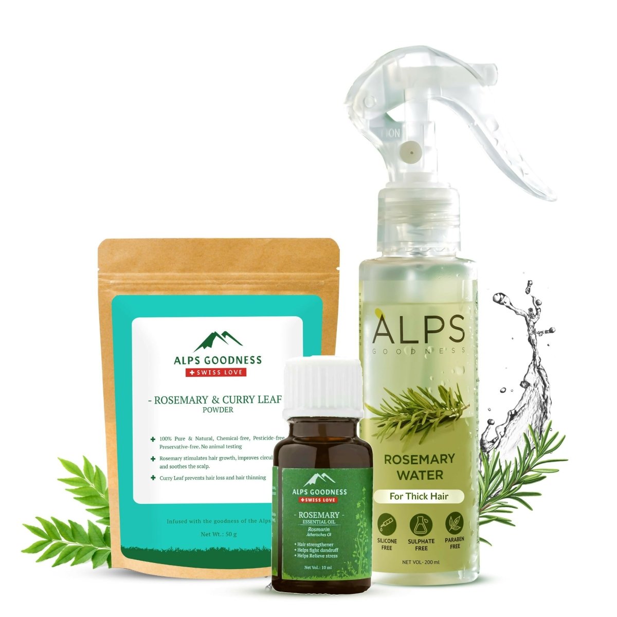 Alps Goodness Rosemary Hair Essentials Kit - Rosemary Water Spray , Rosemary Essential Oil & Rosemary & Curry Leaf Powder | Grocsy