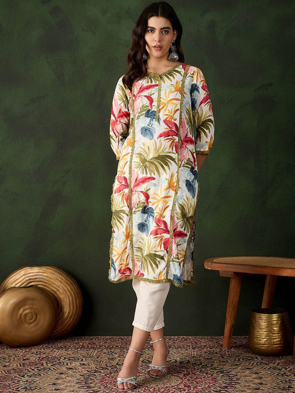 Sangria Floral Printed V-Neck Straight Kurta | Grocsy