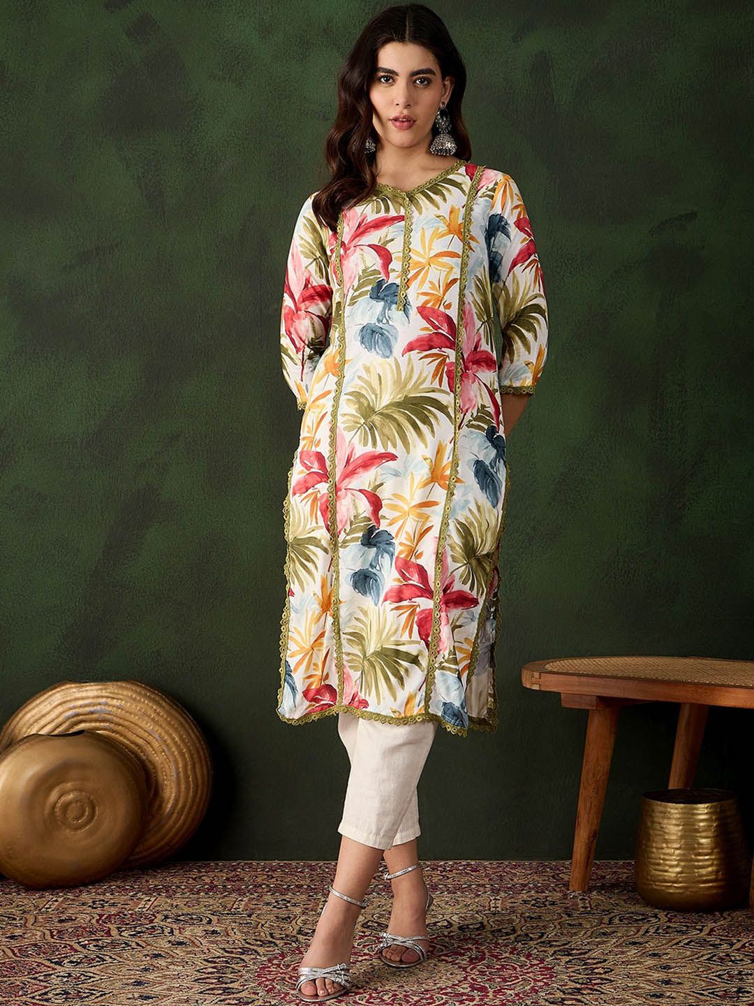 Sangria Floral Printed V-Neck Straight Kurta | Grocsy
