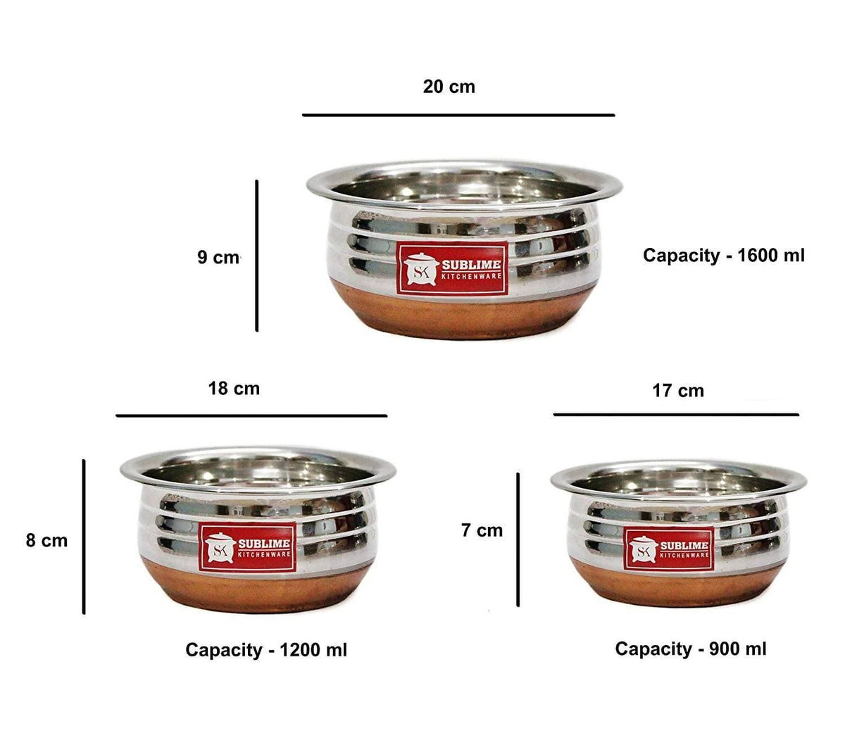 Sublime Kitchenware Set of 3 Stainless Steel Copper Bottom Handi with Lid | Grocsy