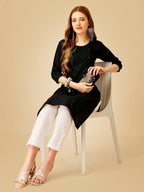 Jyoti Fashion Women's Black Cotton Blend Embroidered Kurta Pant Set | Grocsy