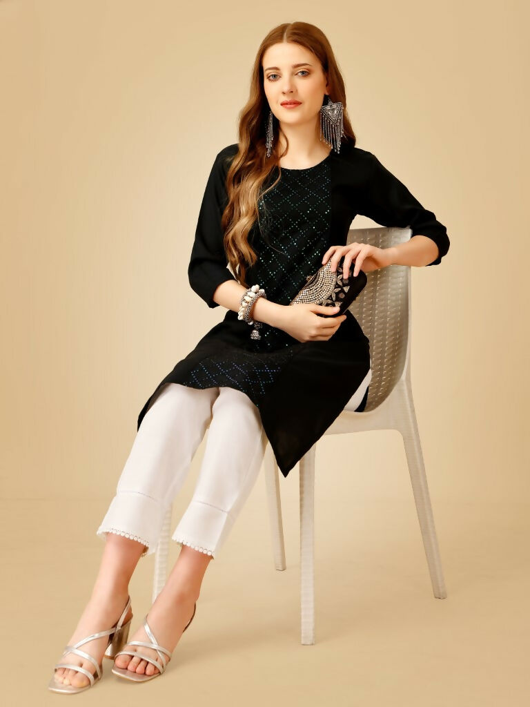 Jyoti Fashion Women's Black Cotton Blend Embroidered Kurta Pant Set | Grocsy