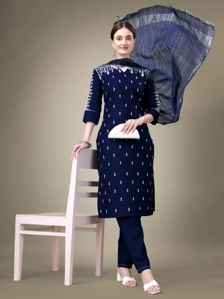 Jyoti Fashion Women's Navy Blue Cotton Blend Embroidery & Sequence work Kurta with Trouser & Dupatta | Grocsy