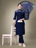 Jyoti Fashion Women's Navy Blue Cotton Blend Embroidery & Sequence work Kurta with Trouser & Dupatta | Grocsy