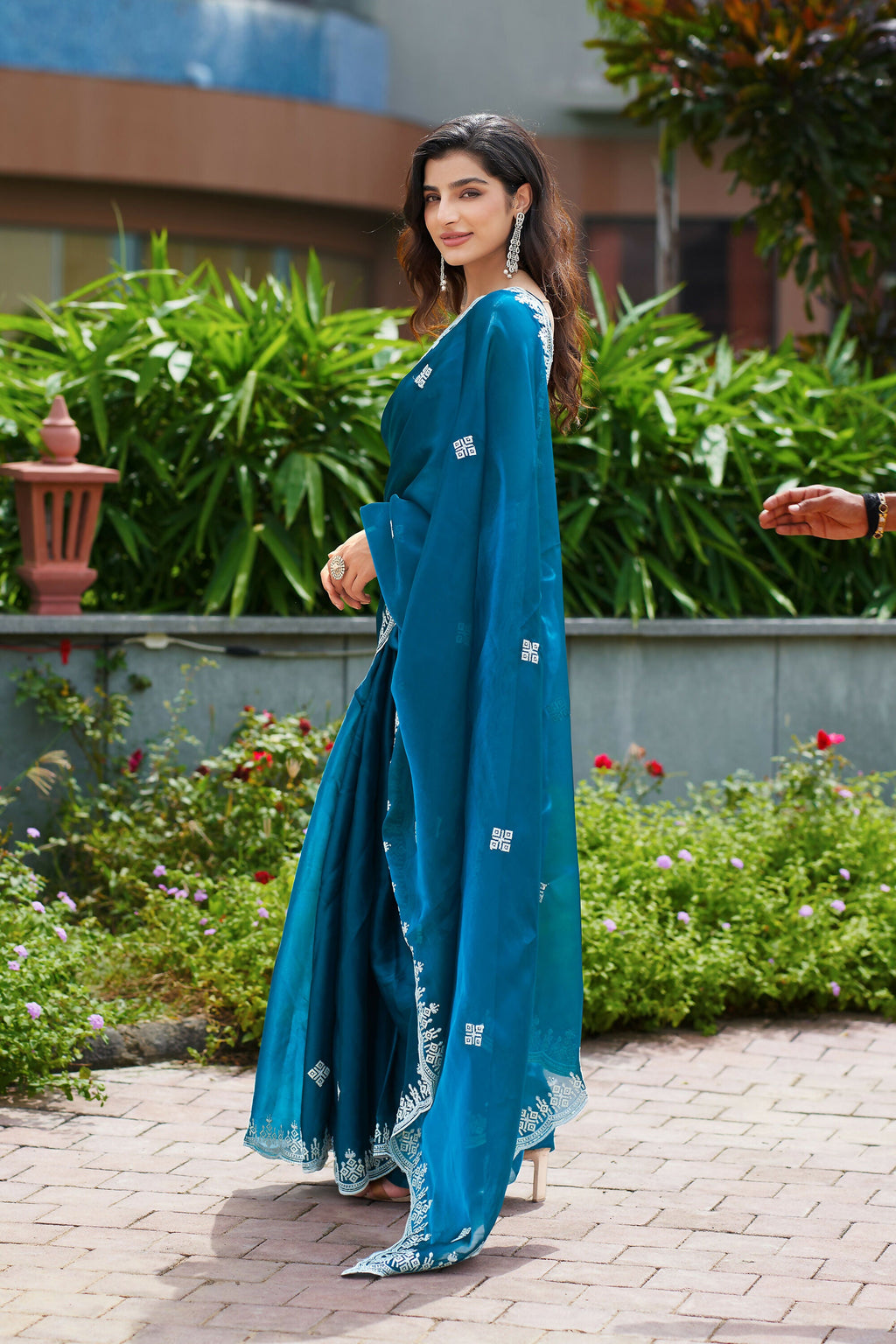 Vastranavya Teal Embroidery Work Shimmer Chiffon Saree with Unstitched Blouse | Grocsy