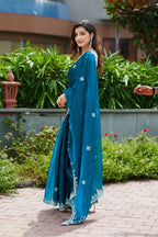 Vastranavya Teal Embroidery Work Shimmer Chiffon Saree with Unstitched Blouse | Grocsy