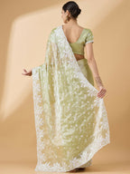 Green Tissue Slub Embroidered Saree with Unstitched Blouse - Vairagi | Grocsy