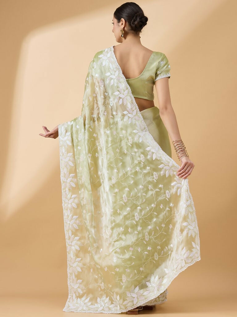 Green Tissue Slub Embroidered Saree with Unstitched Blouse - Vairagi | Grocsy