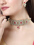 NVR Women's Red & Gold Kundan Studded Handcrafted Choker Jewellery Set | Grocsy