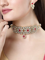NVR Women's Red & Gold Kundan Studded Handcrafted Choker Jewellery Set | Grocsy