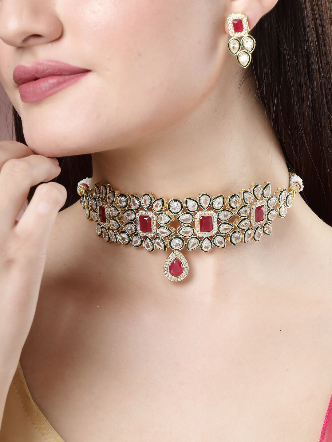 NVR Women's Red & Gold Kundan Studded Handcrafted Choker Jewellery Set | Grocsy