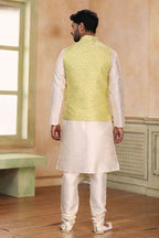 Raivat Ethnic Jacquard Banarasi Silk Woven Work 3 Pics Jacket Set In Lemon Colour | Grocsy
