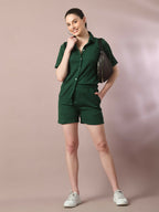 Myshka Women's Green Solid Shirt Collar Party Shirt With Shorts Co-ord set | Grocsy
