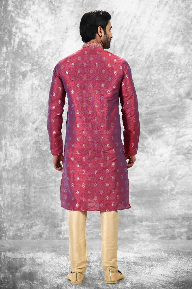 Raivat Ethnic Jacquard Silk Brocade Thread Work Kurta Pajama In Magenta Pink Colour | Grocsy