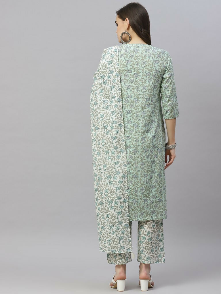 Miravan Women's Floral Printed Angrakha Pure Cotton Kurta With Palazzo & Dupatta Set | Grocsy