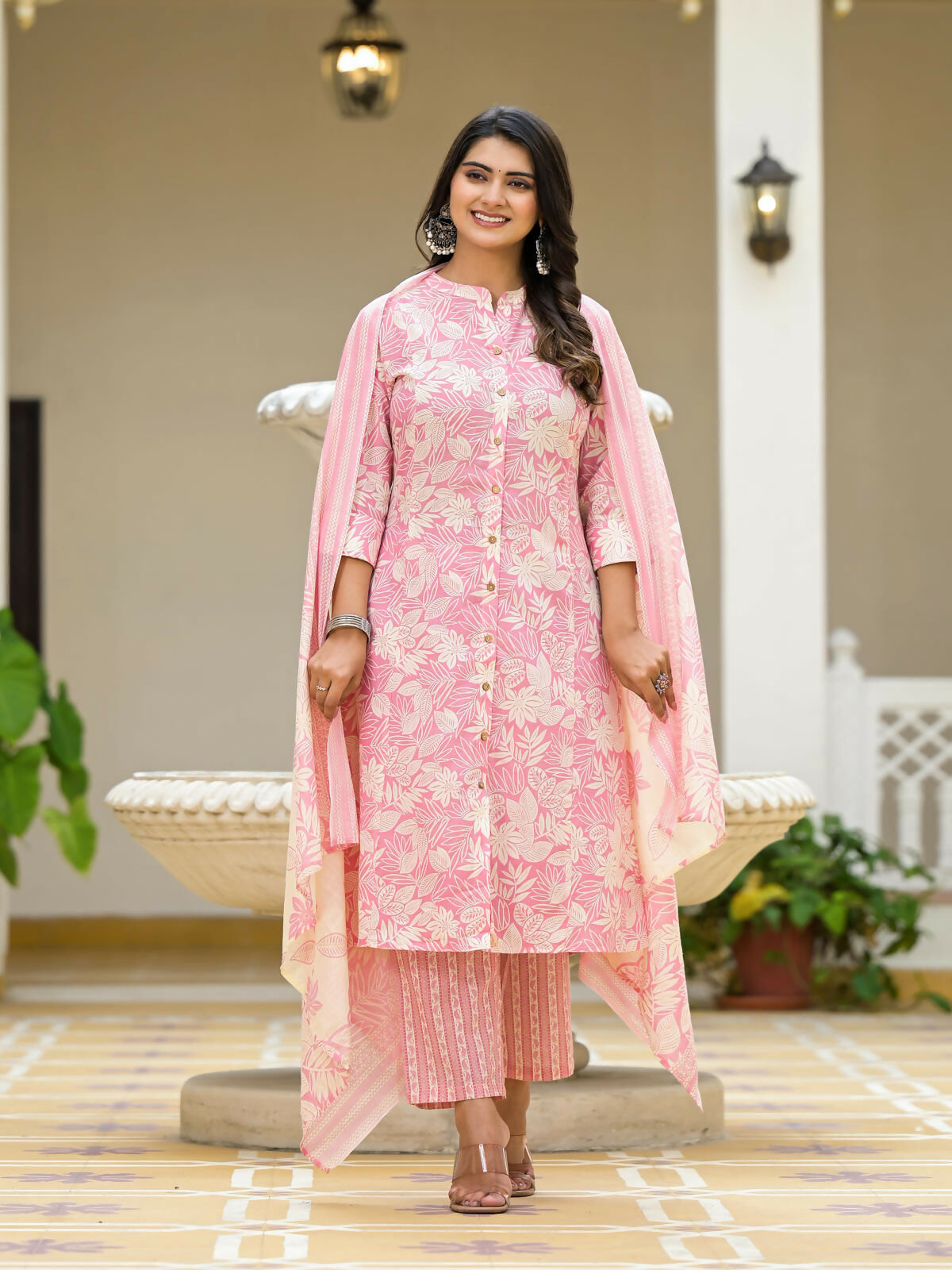 Juniper Women's Pink Floral Printed Cotton Kurta Set With Buttons | Grocsy