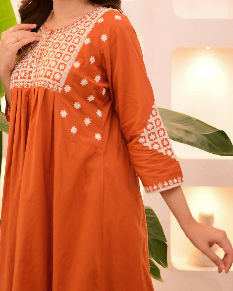 The52 Women's Beautiful Viscose Rayon Fabric Thread Work Flared Kurta Pant Set | Grocsy