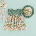 Bold N Elegant Cotton Floral Printed Ruffle Sleeve Princess Dress Frock With Fabric Hat Cap - Green | Grocsy
