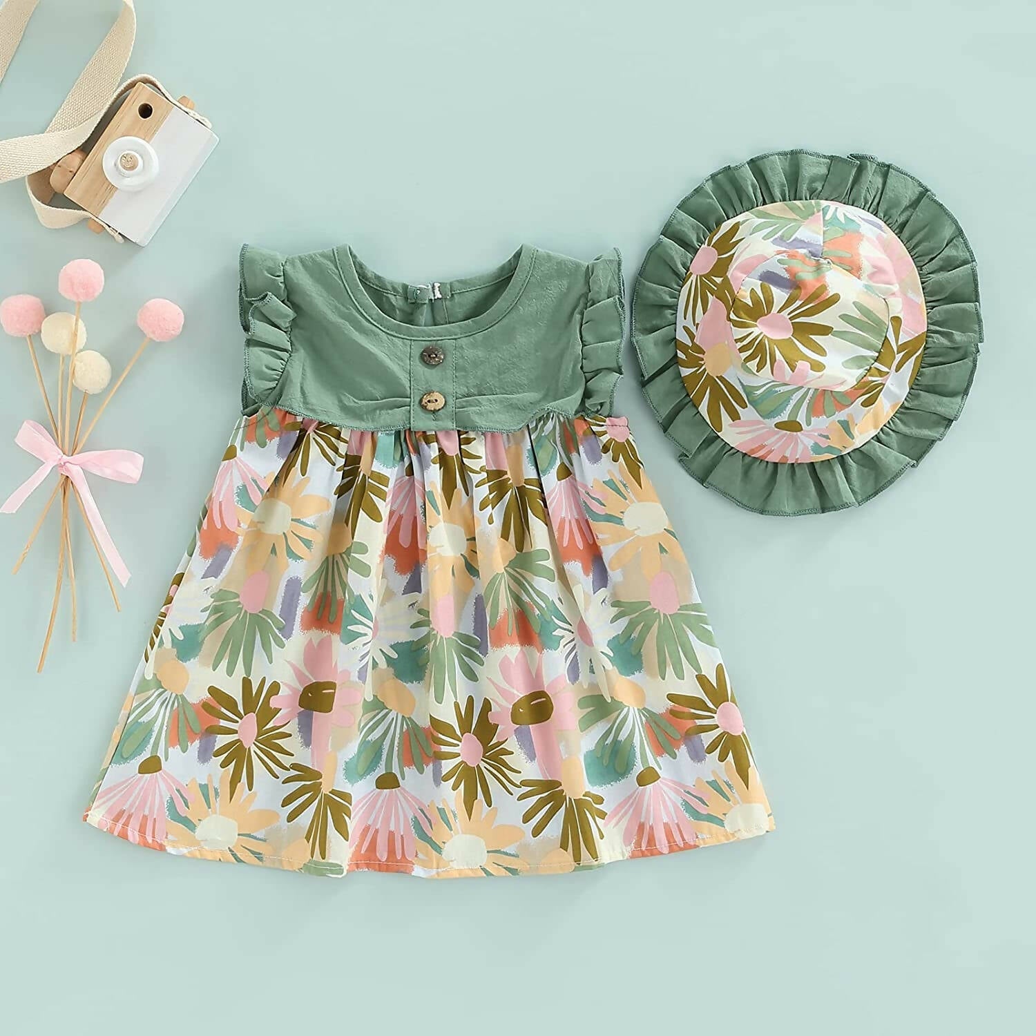 Bold N Elegant Cotton Floral Printed Ruffle Sleeve Princess Dress Frock With Fabric Hat Cap - Green | Grocsy