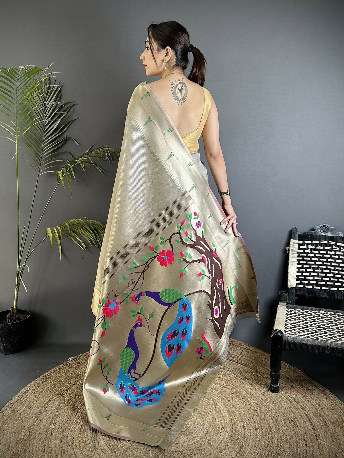 Joban Fashion Beige Peacock & Floral Motifs Tissue Paithani Saree | Grocsy
