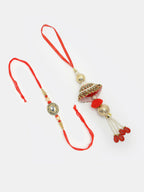 NVR Women & Men Set of 2 Gold & Red Kundan-Studded Bhaiya Bhabhi Rakhi With Roli Chawal | Grocsy