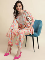 Beige & Pink Poly Crepe Digital Printed Top with Matching Bottom - Preeti | Grocsy