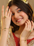 Ruby Raang Gold Hand Accessory With Green- White Kundan And Pearls | Grocsy