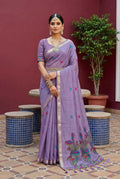 Vastranavya Lavender Muga Cotton Meenakari & Azarakh Pallu Saree with Contrast Blouse | Grocsy