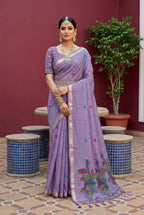 Vastranavya Lavender Muga Cotton Meenakari & Azarakh Pallu Saree with Contrast Blouse | Grocsy