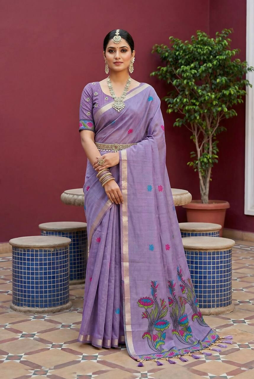 Vastranavya Lavender Muga Cotton Meenakari & Azarakh Pallu Saree with Contrast Blouse | Grocsy
