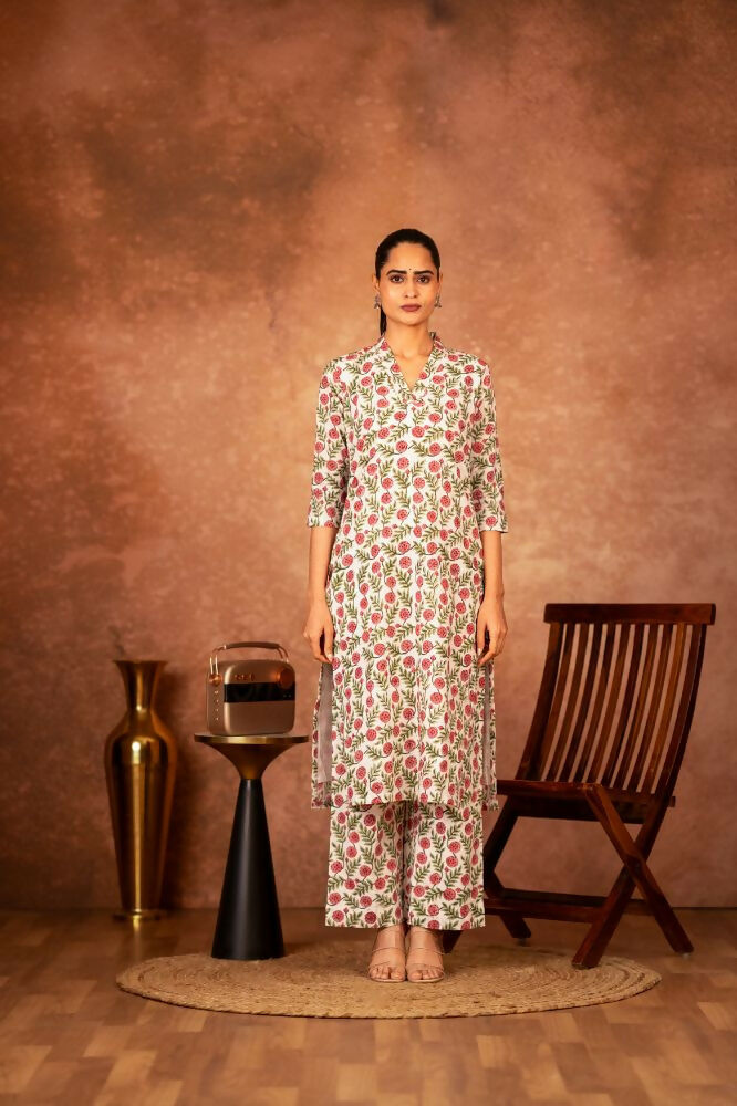 Joban Fashion Red Green Hand Block Printed Cotton Suit Set | Grocsy