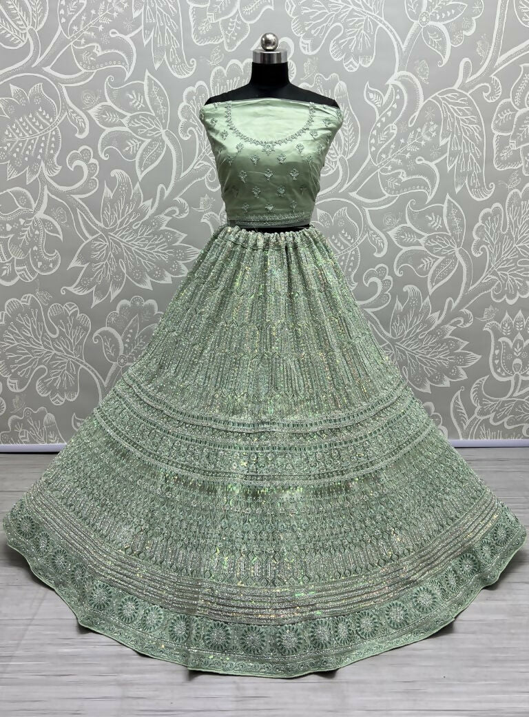 Jyoti Fashion Women's Pista Green Heavy Net Fancy Dori, Multi Thread, Rainbow Sequins and Diamond Work Wedding Lehenga Choli | Grocsy