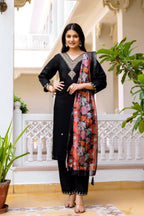 The52 Black Women's Beautiful Viscose Chanderi Fabric Embroidered Work Straight Kurta Pant and Dupatta Set | Grocsy