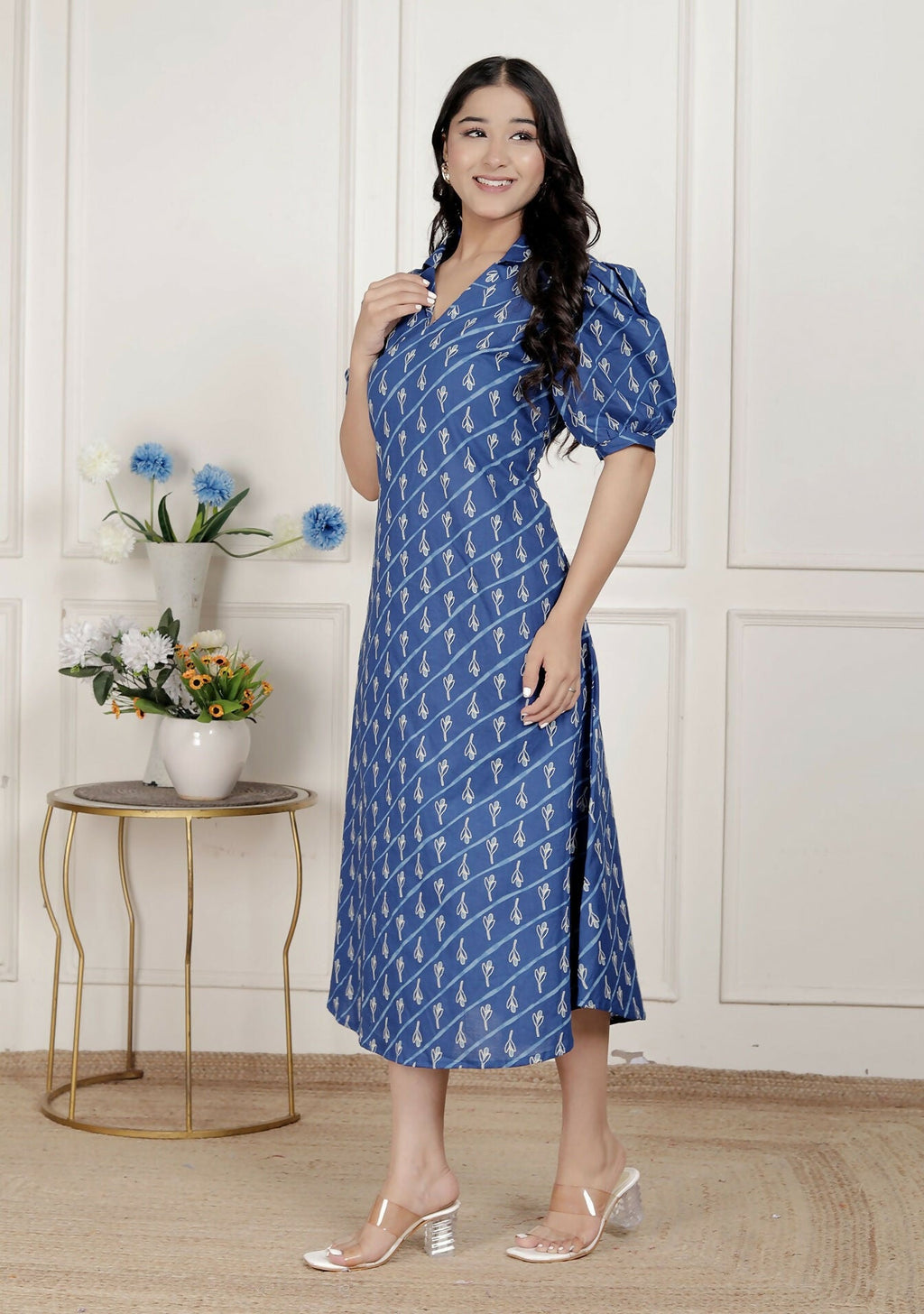 Miravan Womens Floral Print Blue Collar-Neck Puff Sleeves A-Line Maxi Dress | Grocsy