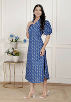 Miravan Womens Floral Print Blue Collar-Neck Puff Sleeves A-Line Maxi Dress | Grocsy