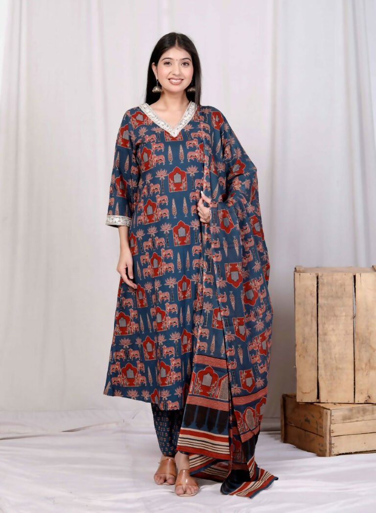 Miravan Women's Pure Cotton Animal Printed Zari Lace Work Blue Jaipuriya Anarkali Suit Set | Grocsy